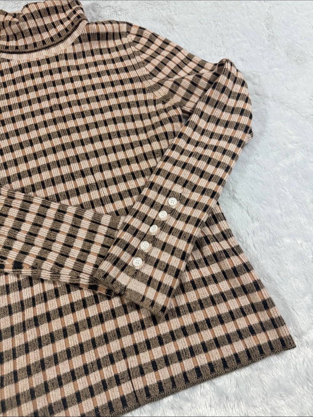 Maeve Beige & Black Check Ribbed Turtleneck Sweater - Picture 3 of 7